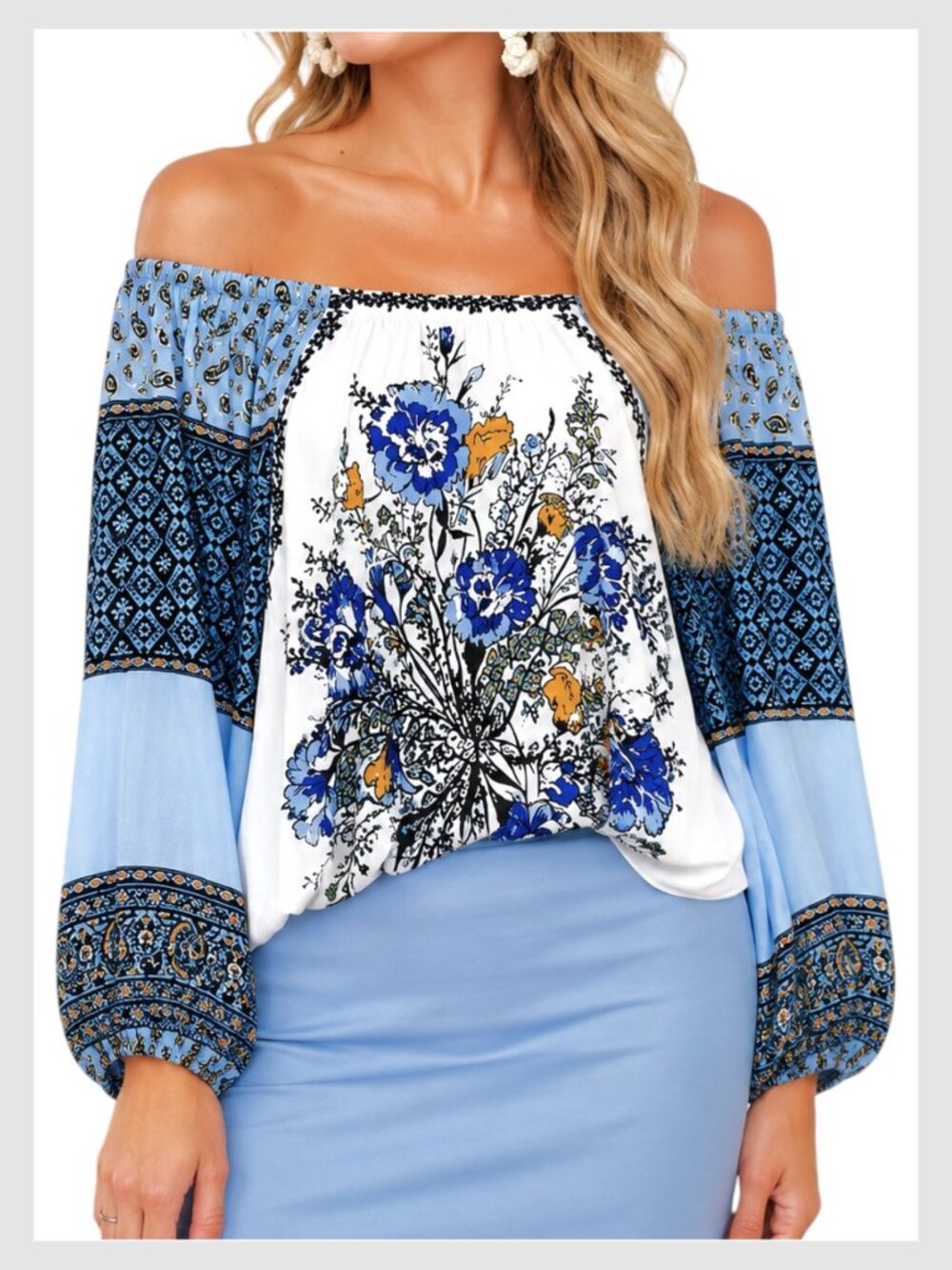 Free People Positano Blouse Blue Ivory Patchwork Balloon Sleeve XS